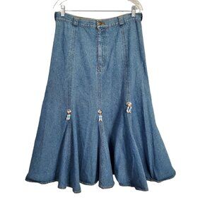 Geoffrey Hunter Size L Skirt Midi Flared Denim Beaded Cowgirl Western VTG 80s